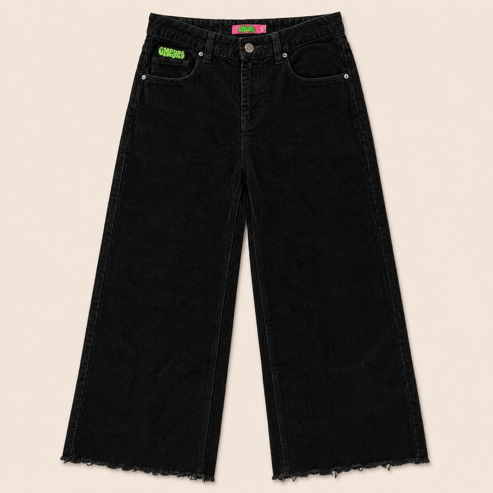 Empyre Womens Black Corduroy Wide Leg Pants Raw Hem Streetwear sz 6 Punk Rock